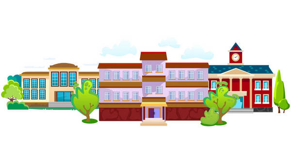 现代学校建筑物外墙，学生城市概念，小学门面城市街头背景，图标矢量图
