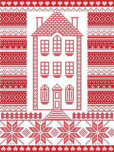 北欧风格和鼓舞十字绣在红色和白色包括姜饼房子，明星，栅栏，斯堪的纳维亚圣诞图案插图装饰无缝的华丽图案