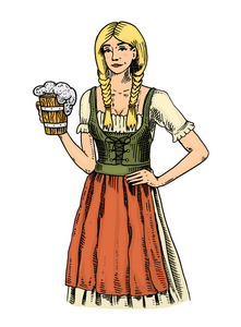 在传统的比利时或巴伐利亚衣服与啤酒的女人。刻在墨手为 web 或酒吧菜单旧素描和复古风格绘制的。慕尼黑啤酒节的设计