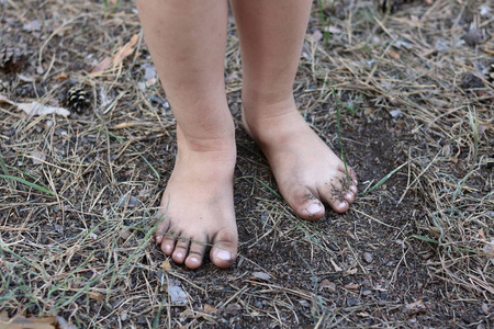 的腿在夏天在地面上没有鞋子特写咖啡机与新鲜的地面谷物特写, 没有人