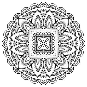 在形式的曼荼罗的圆形图案。指甲花纹身曼荼罗。曼海蒂风格。在东方风格的装饰图案。着色书页