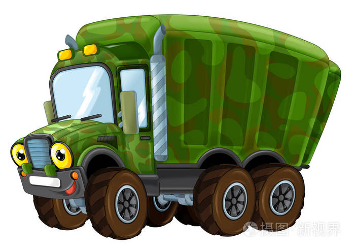 卡通快乐军用卡车与蓄水池