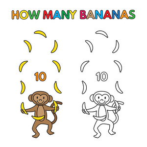 卡通猴子香蕉计数着色书