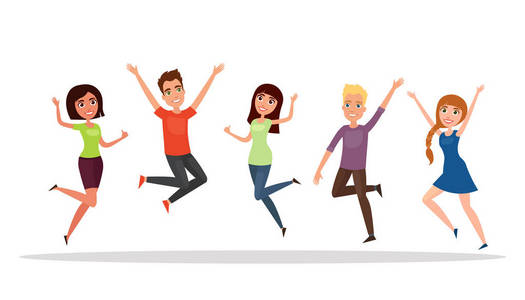 女孩一群人快乐一群人,男孩,女孩跳上一个白色的背景.