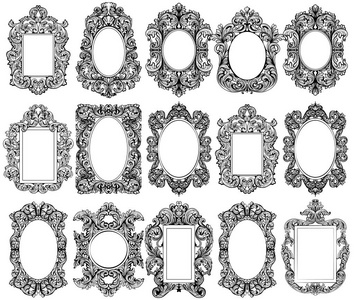 复古巴洛克式框架装饰集集合。详细的装饰矢量图