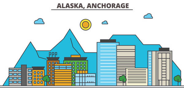 阿拉斯加，Anchorage.City 天际线 建筑 建筑 街道 剪影 风景 全景 地标 图标。可编辑的笔画。平