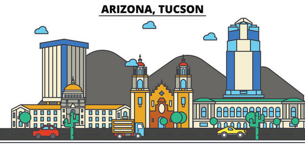 亚利桑那州 Tucson.City 的天际线 建筑 建筑 街道 剪影 风景 全景 地标 图标。可编辑的笔画。平面