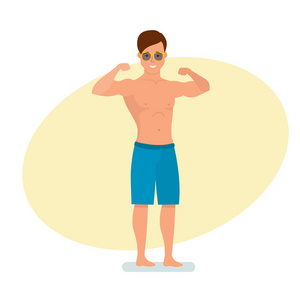 肌肉的冲浪者展示他的肌肉和身体的形状。休闲沙滩