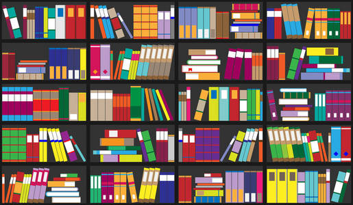 书架上背景。货架上摆满五彩斑斓的图书。家图书馆书籍。矢量关闭了插图。卡通设计风格