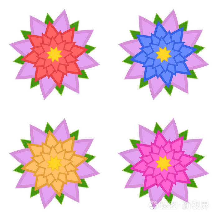 组的粉红色的花瓣,孤立的白色背景上的红色, 蓝色, 黄色, 粉红色花.