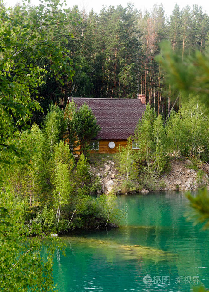 木屋, 有一个卫星天线, 站在石湖岸边的松树上的树林里, 有岛上和绿
