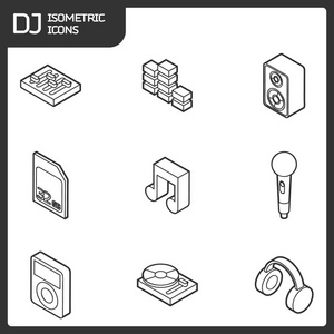 DJ大纲等距图标。 夜总会。 派对音乐构成设计元素的移动应用和信息图形在现代平面风格。