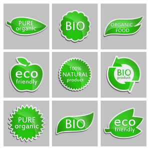 绿色贴纸环保，生物 纯有机 有机食品 天然产品 生物产品。设置