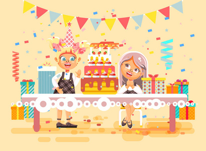 矢量图卡通人物孩子，朋友，两个女孩庆祝生日快乐，祝贺 送礼，大节日蛋糕蜡烛与平面样式上米色背景