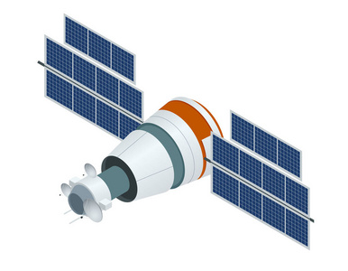 Gps 卫星。平面向量等轴图。无线卫星技术。世界的全球网络