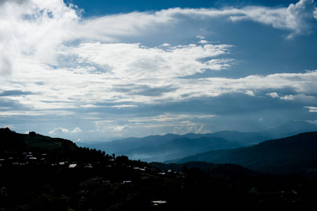 美丽的蓝色天空和山山，在孟湛 星期一果酱 泰国