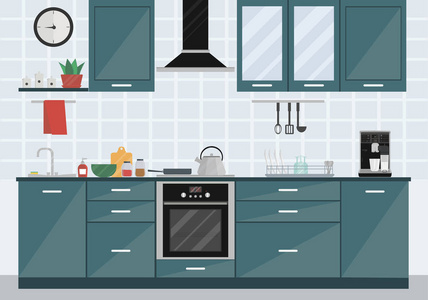 油烟机卡通厨房房间内部有电器和家具.家庭艺术.平面样式矢量插图.