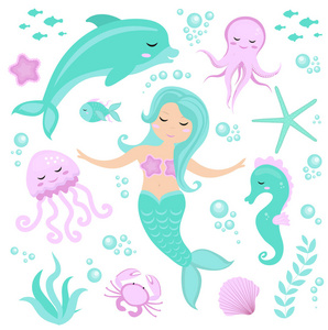 可爱设置小美人鱼和海底世界。童话公主美人鱼和海豚 章鱼 海马 鱼 水母。根据水海神话海洋集合中