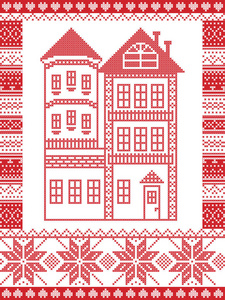 冬季的北欧风格和启发的斯堪的纳维亚圣诞图案图解十字绣包括高姜饼屋与塔 雪花 无缝的装饰华丽图案为红色白色