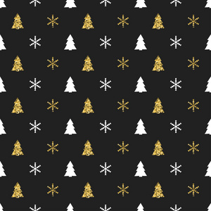 圣诞新年无缝模式与雪花的圣诞树。假日的背景。圣诞冬季装修。金色的纹理。手绘矢量图。雪模式。礼品包装纸