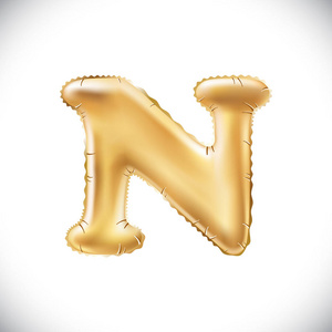矢量金属金 N 汽球 金色字母。新的一年 节日 生日 庆典。金色光泽明亮字体在空气中