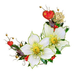 圣诞节背景 花环的冬花嚏根草 明亮的叶子 镂空树枝 亮晶晶的装饰物 花无缝垂直边框 模式照片 正版商用图片04s3 摄图新视界