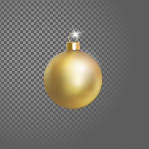 乱蓬蓬的黄色金色圣诞球树装饰。3d 现实分离透明背景设计元素上。新的一年一轮金色的装饰金属挂矢量图