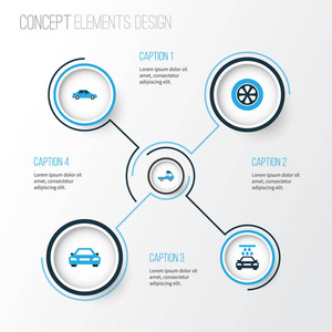 自动色彩鲜艳的图标集。领带 卡车 汽车和其他元素的集合。此外包括汽车 轮胎 轮毂等符号