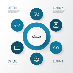 汽车大纲图标设置。洗涤 可转换模型 商队和其他元素的集合。此外包括天文 范 计数器等符号