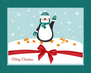 圣诞快乐, 新年愉快。可爱的明信片与企鹅在帽子