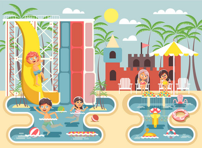 矢量图卡通人物 男童和女童嬉戏或休息水上公园，水很多景点，骑幻灯片游泳水池，坐在躺椅下太阳伞平面样式