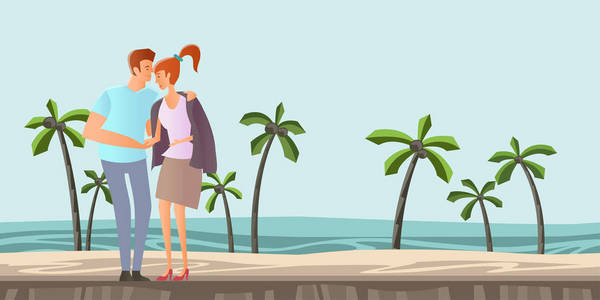 在爱情的年轻夫妇。男人和女人在一个浪漫的约会上棕榈树与热带的海滩上。矢量图