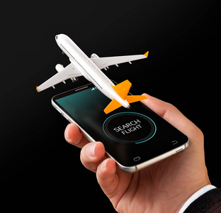 智能手机应用程序在线搜索，购买和预订航班在互联网上。在线检查英寸异常 3d 插图的商用飞机上智能电话在手里