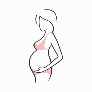 绘图线性漂亮怀孕女孩穿着粉红色的衣服。一个孩子的出生。矢量图形插画的绘制轮廓设计