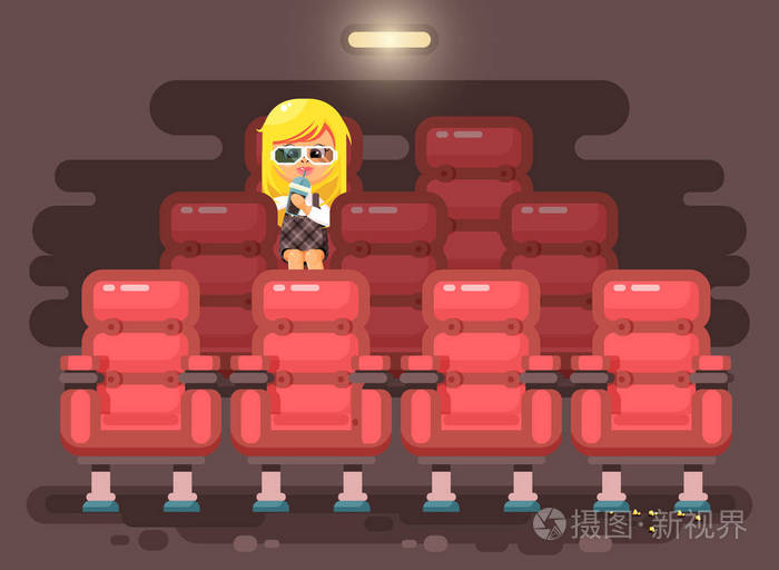 矢量图卡通人物儿童学生,女生,孤独的金发女郎坐在扶手椅上,电影院