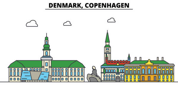 丹麦哥本哈根。城市天际线 体系结构 建筑物 街道 剪影 风景 全景 地标。可编辑的笔画。平面设计线矢量图的概念。孤
