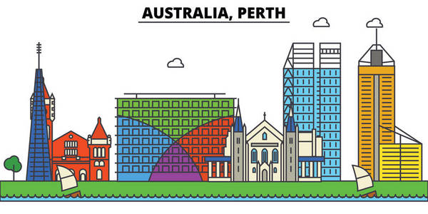 澳大利亚珀斯。城市天际线 体系结构 建筑物 街道 剪影 风景 全景 地标。可编辑的笔画。平面设计线矢量图的概念。孤