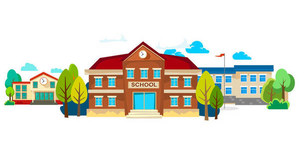 现代学校建筑物外墙,学生城市概念,小学门面城市街头背景,图标矢量图