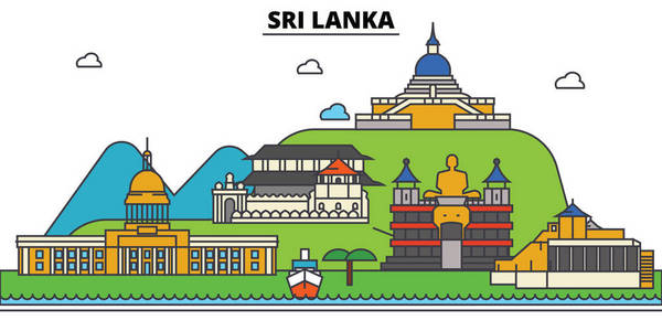 斯里兰卡，斯里兰卡。城市天际线 体系结构 建筑物 街道 剪影 风景 全景 地标。可编辑的笔画。平面设计线矢量图的概