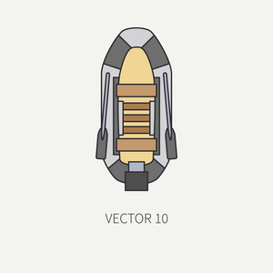 线平色矢量费希尔和野营图标充气橡皮艇。渔夫设备。复古卡通风格。假日旅行。纺纱.桨.插图和元素为您的设计和墙纸