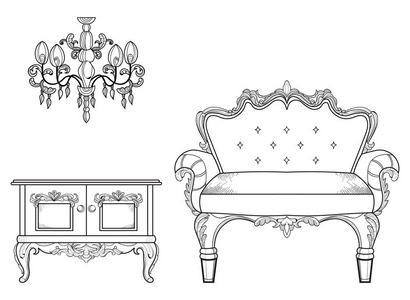扶手椅和梳妆台的豪华装饰物。矢量法国奢侈品丰富复杂的结构。维多利亚皇家风格的装饰