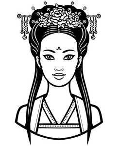 古代的发型的年轻中国女孩的画像。在白色背景上孤立的单色矢量图。打印 海报 t 恤 卡