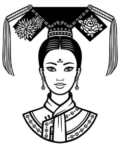 古代的发型的年轻中国女孩的画像。在白色背景上孤立的单色矢量图。打印 海报 t 恤 卡