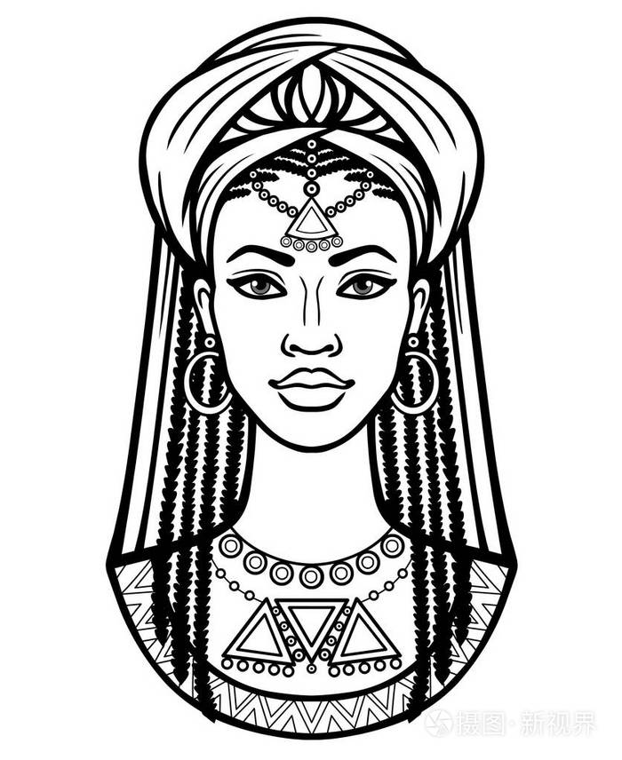 动画肖像的年轻的非洲女人的头巾单色的线性素描孤立在白色背景上的