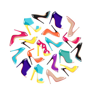 s shoes. High heel shoes in flat style. Set of stickers and patc