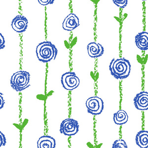 像孩子的绘制的蓝色无缝图案描边条纹和玫瑰鲜花蜡笔