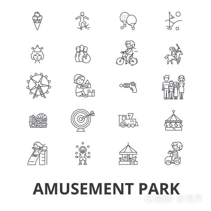 游乐园过山车旋转木马嘉年华娱乐童年线图标可编辑的笔画平面设计矢量