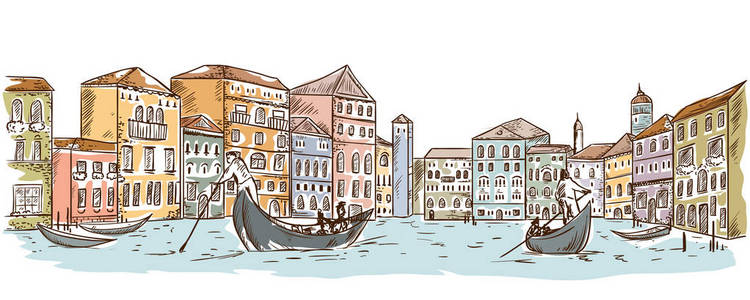 威尼斯。景观，如房屋 运河和游艇。在素描风格复古矢量图