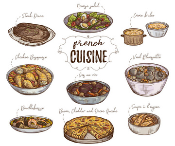 法国菜。集合的美味的食物。孤立的元素。概念设计装饰的餐厅，菜单。复古手绘矢量图