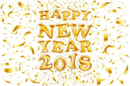 金属金色字母气球，2018 新年快乐，金数字母表字母气球，空气中弥漫。圣诞节的庆祝活动，装饰，美丽的火花